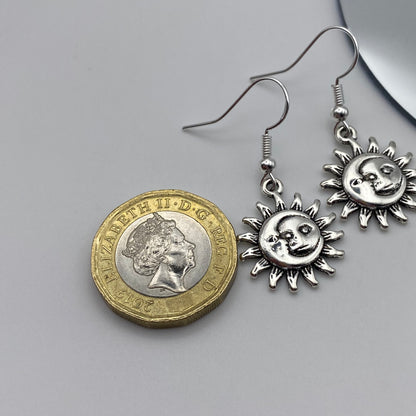 Small Silver Sun and Moon Earrings