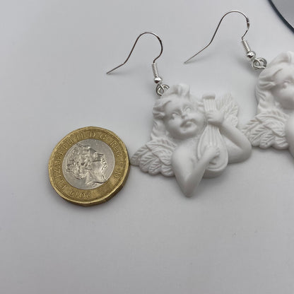 White Angel Cherub With Guitar Earrings